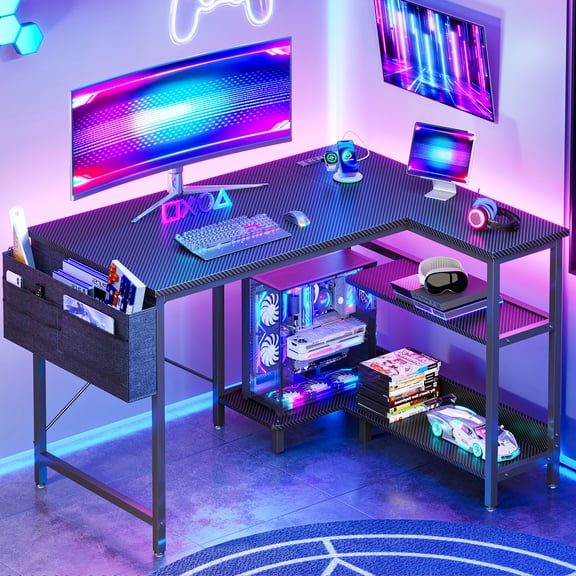 40 inch Small Office Desk with Storage Shelve, Gaming Table with Power Outlets for Small Spaces, Black Carbon