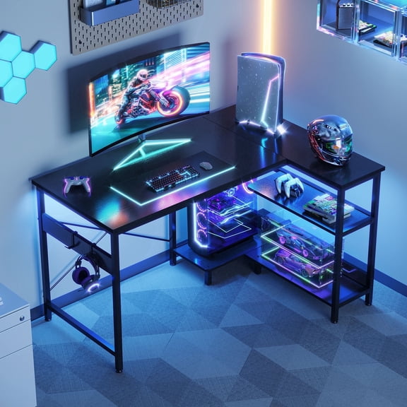 Casacomoda Computer Desk 40 Inch L Shaped with Storage Shelves & CPU Stand, Small Corner Gaming Desk with Headphone Hook, Black