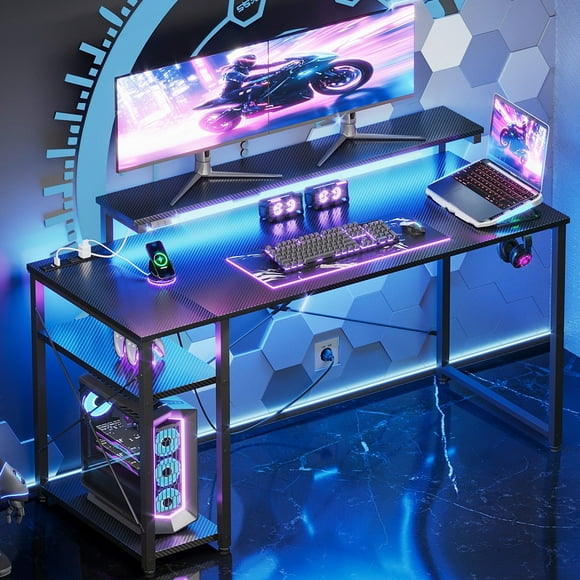 47-Inch Gaming Desk with  LED Light & Power Outlets, Home Office Desk with Storage Shelf, Computer Desk with Monitor Stand, Black