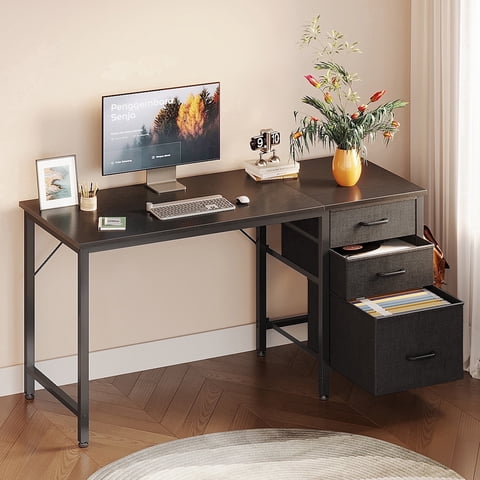 48 inch Computer Desk with 3 Fabric Drawers, Home Office Desk with File Cabinet, Writing Desk for Work and Study, Black