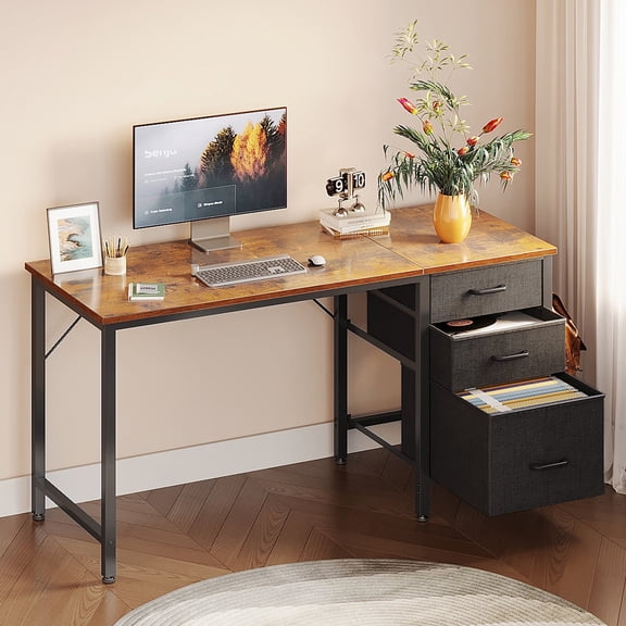 48 Inch Computer Desk with 3 Fabric Drawers & Storage Bag, Home Office Desk with File Cabinet, Writing Desk for Work and Study, Vintage and Black