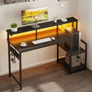 Casacomoda 48 Inch Computer Desk with Monitor Stand & LED Lights, Home Office Desk with Adjustable Printer Shelf & CPU Stand, Black Carbon
