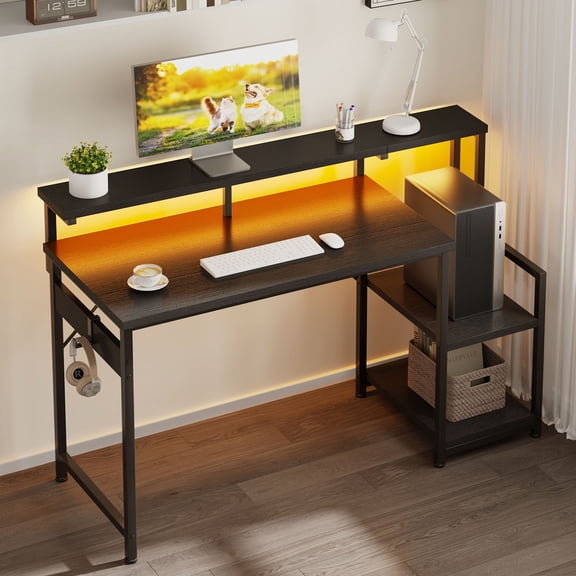 Casacomoda 48 Inch Computer Desk with Monitor Stand & LED Lights, Home Office Desk with Adjustable Printer Shelf & CPU Stand, Black Carbon