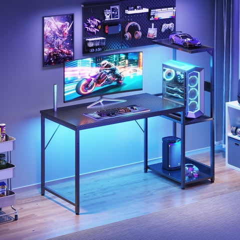 Casacomoda 48" Gaming Desk with LED Lights, Computer Desk with Shelf & PC Stand, Reversible Display Shelf, Carbon Fiber Black