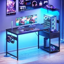 48" Gaming Desk with LED Lights & Storage Drawer, Reversible Computer Desk with Headphone Hook, Carbon Fiber Black