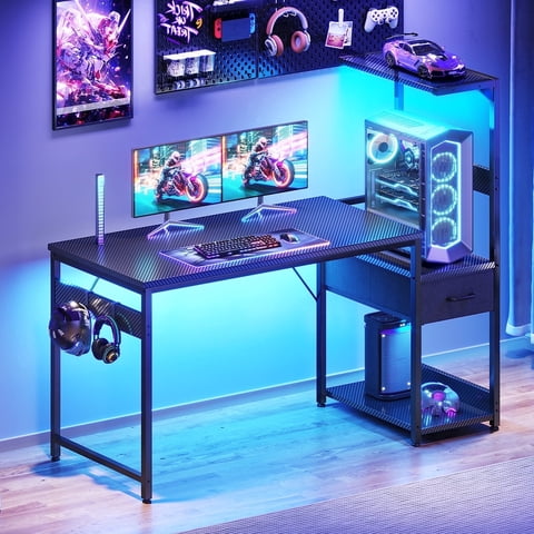 Casacomoda 48" Gaming Desk with LED Lights, Computer Desk with Fabric Drawer, Desk with Shelf & PC Stand, Reversible Display Shelf, Carbon Fiber Black