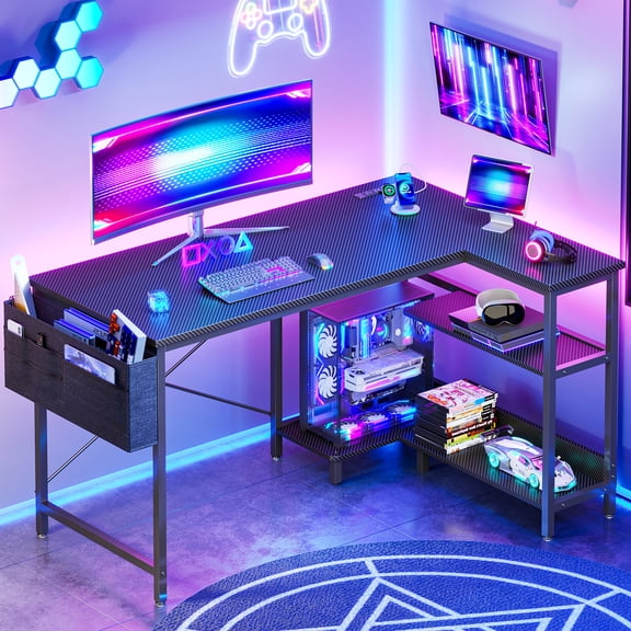 48 inch Large Office Desk with Storage Shelve, Gaming Table with Power Outletsfor Large Spaces, Black Carbon
