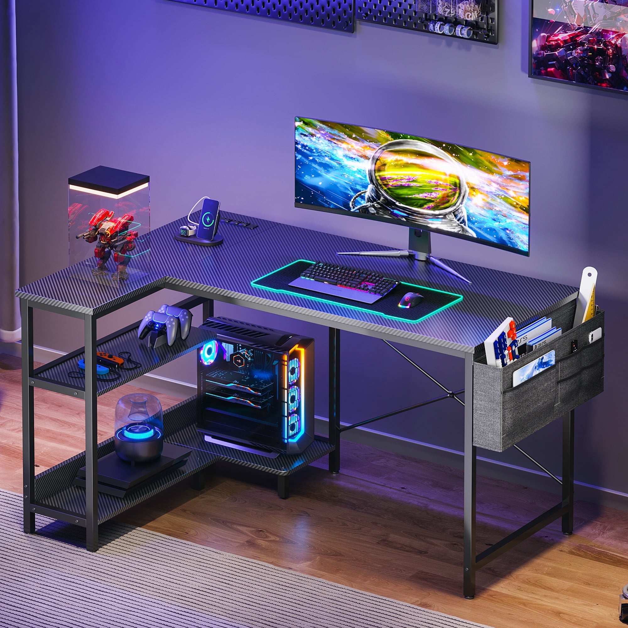 48 inch Large Office Desk with Storage Shelve, Gaming Table with Power ...