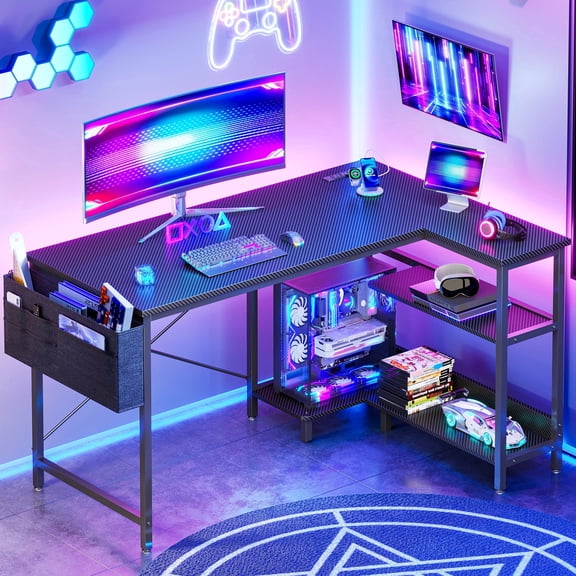 48 inch Large Office Desk with Storage Shelve, Gaming Table with Power Outletsfor Large Spaces, Black Carbon