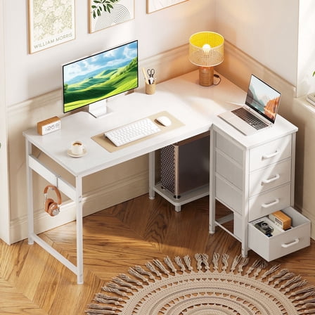 48 inch Computer Desk with 4 Fabric Drawers — Home Office Desks with Storage, Writing Desk with Side Hook, Desk Study/Work Table for Bedroom and Small Space, White