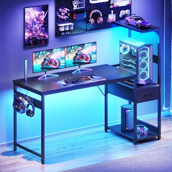 54" Gaming Desk with LED Lights & Storage Drawer, Reversible Computer Desk with Headphone Hook, Carbon Fiber Black