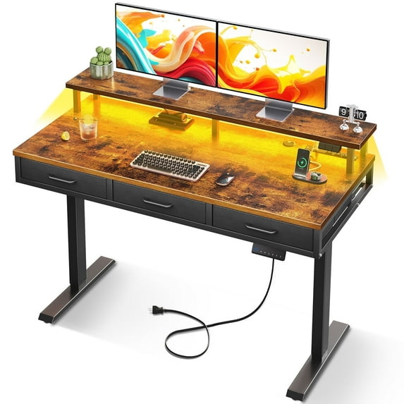 Sofanext 55" Adjustable Standing Desk with USB Ports & Power Outlets, Gaming Table with LED Light Strips, Computer Desk with Three Drawers, Monitor Shelf Suitable for Home Office, Vintage