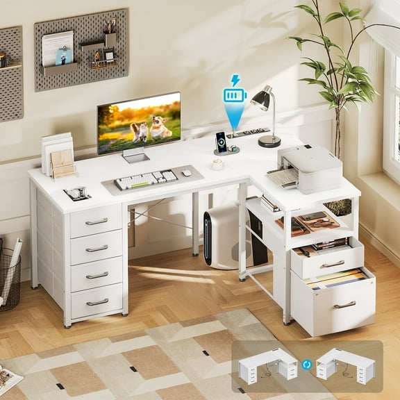 Casacomoda 55 inch Computer Desk with 5 Drawers and File Cabinet for Storage, Office Desk with Storage Shelf & Power Outlets, Home Office Desks, White