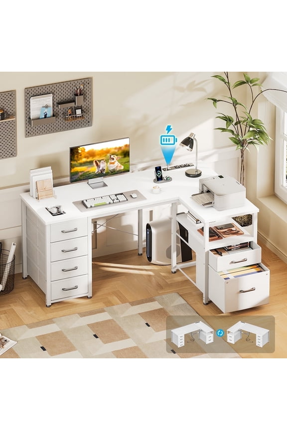 55 inch Computer Desk with 5 Drawers and File Cabinet for Storage, Office Desk with Storage Shelf & Power Outlets, Home Office Desks, White
