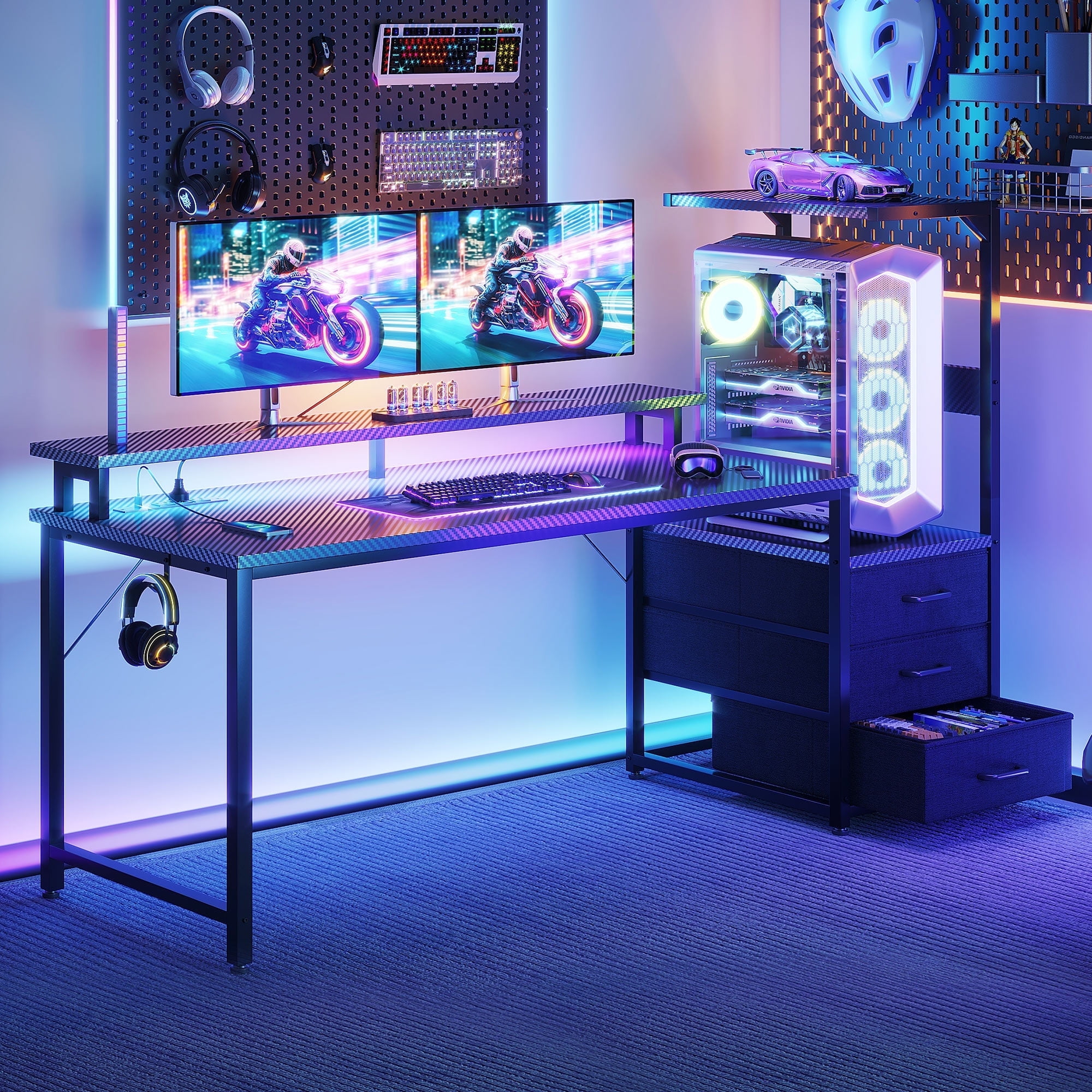 59" Gaming Desk with LED Lights & Reversible Storage Drawer, LED Gamer Desk for Home and Office, Computer Office Desk with with Headphone Hook, Carbon Fiber Black