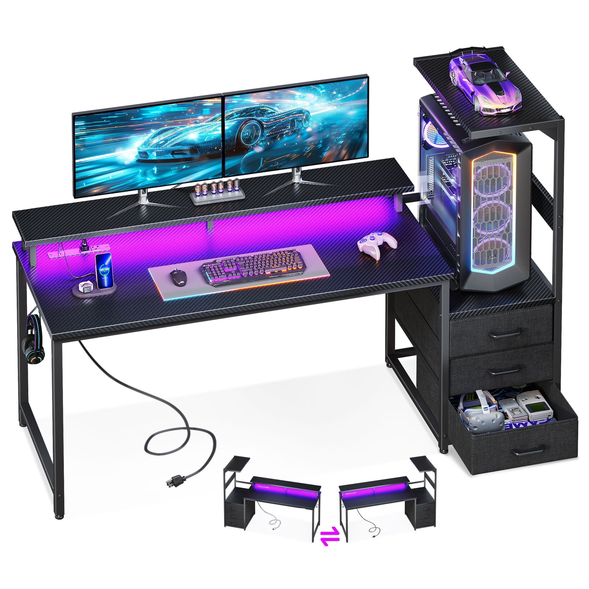 59 inch Gaming Desk with USB Charging Ports & LED Light- Reversible Computer Desk with Storage Shelves & Monitor Stand, Modern Gamer Desk Table with Fabric Drawers & Side Hook, Carbon Fiber Black