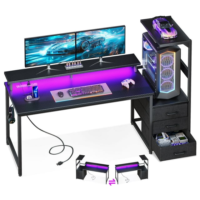 59 inch Gaming Desk with USB Charging Ports & LED Light- Reversible Computer Desk with Storage Shelves & Monitor Stand, Modern Gamer Desk Table with Fabric Drawers & Side Hook, Carbon Fiber Black