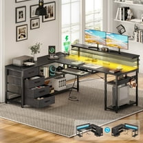 Sofanext 61 inch L Shaped Gaming Desk with 4 Drawers & Power Outlets, Home Office Desk with Adjustable Heights Monitor Stand & Keyboard Tray, Computer Desk with LED Light, Pure Black