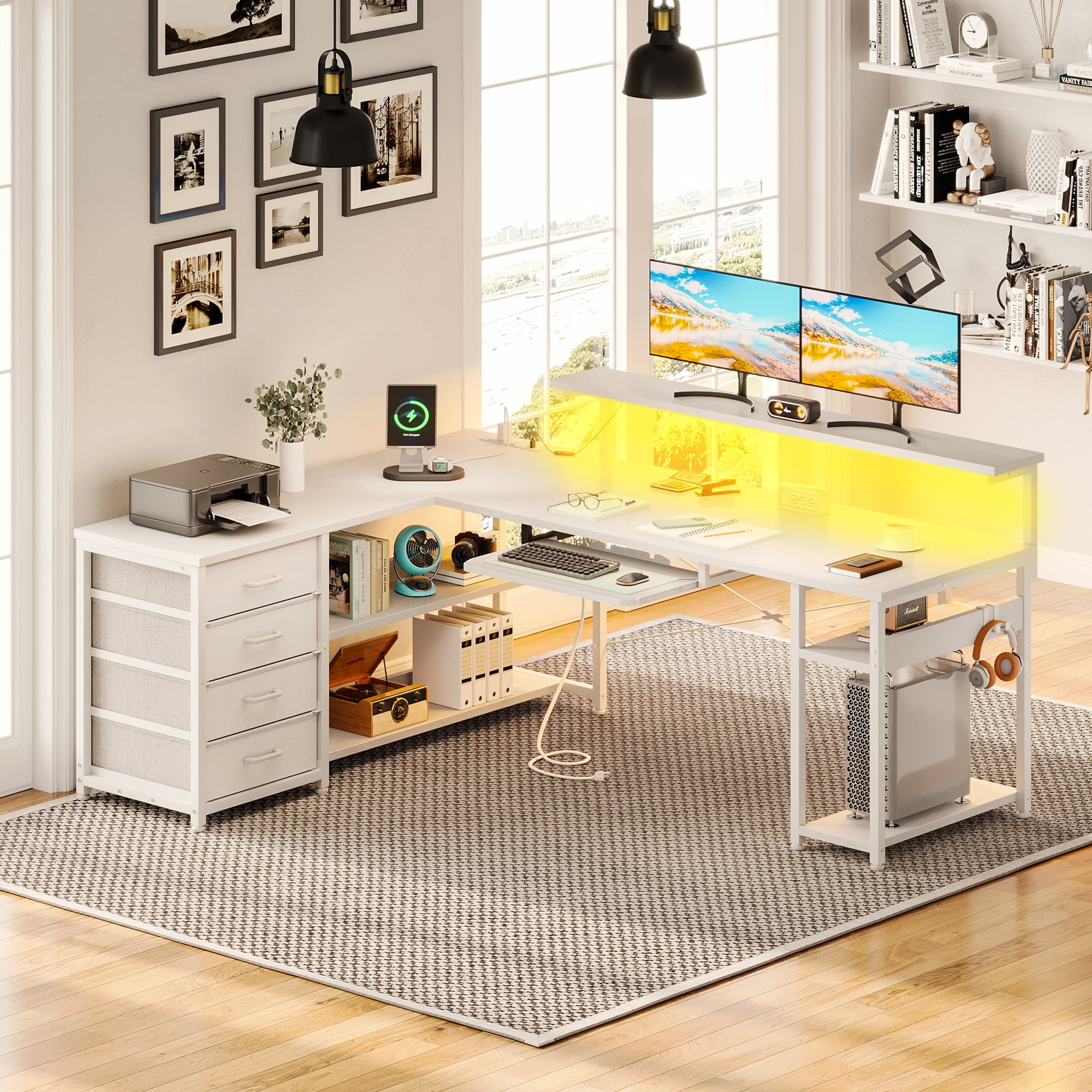 L-Shaped Computer Desk with Power Outlets, Adjustable Monitor Shelf, Storage Drawers, Keyboard Tray & LED Lights, Reversible Gaming Desk for Home Office, Pure White