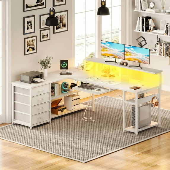 L-Shaped Computer Desk with Power Outlets, Adjustable Monitor Shelf, Storage Drawers, Keyboard Tray & LED Lights, Reversible Gaming Desk for Home Office, Pure White