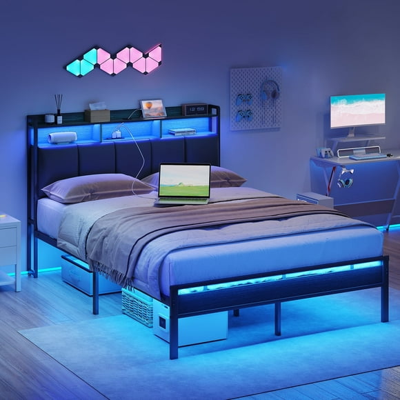 Sofanext Bed Frame Queen Size with Storage Headboard and LED Light, Upholstered Platform Bed with Power Outlets, Heavy Duty Frame Support, Noise Free, No Box Spring Needed, Black