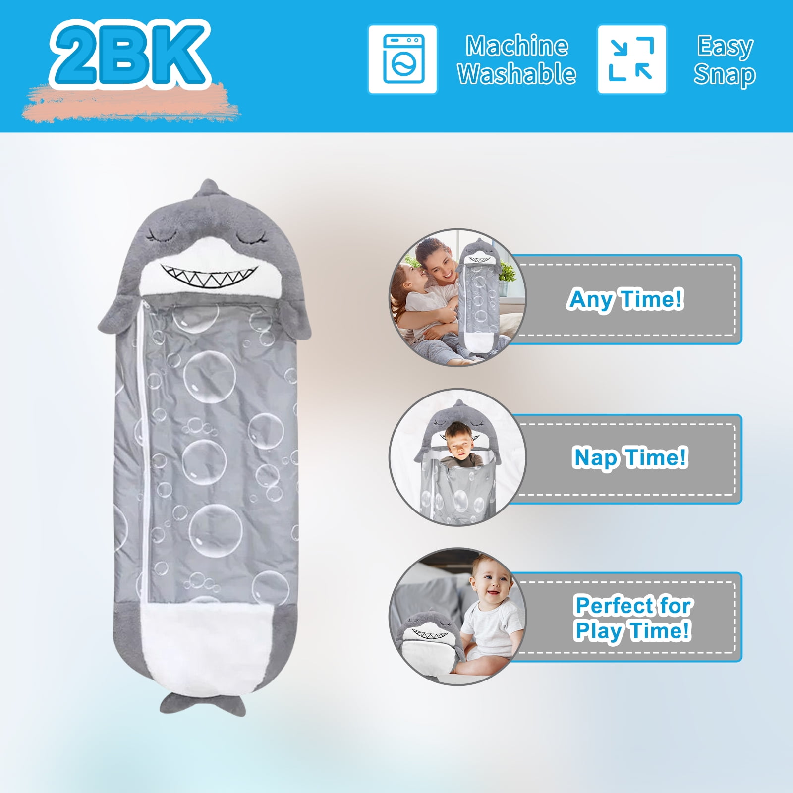 KKL Kids Sleeping Bag with Pillow ,2in1 Foldable Gray Shark Sleeping