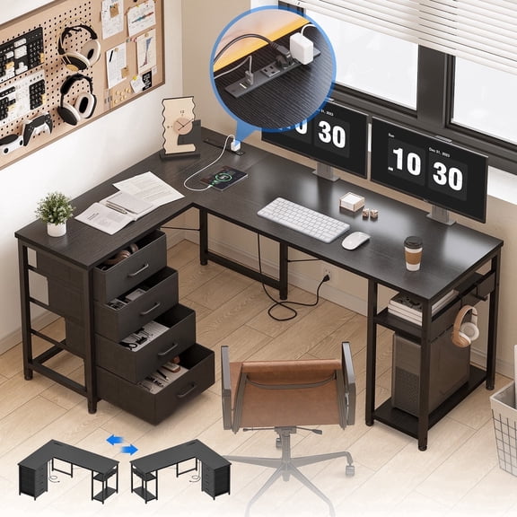 Reversible L Shaped Corner Desk with Charging Station and Drawers, Modern Office & Gaming Desk, Pure Black