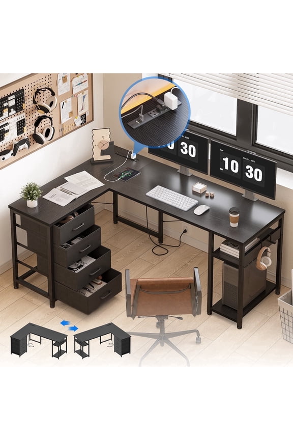 Reversible L Shaped Corner Desk with Charging Station and Drawers, Modern Office & Gaming Desk, Pure Black