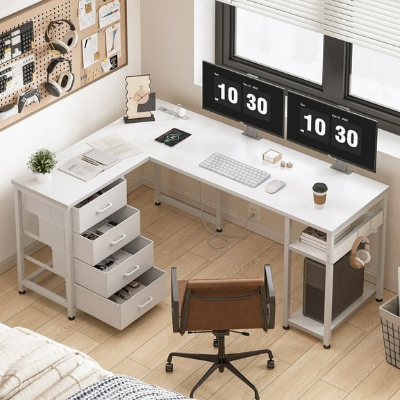 Sofanext Reversible Modern Simple Style L Shaped Desk with Charging Station and Drawers, Pure White