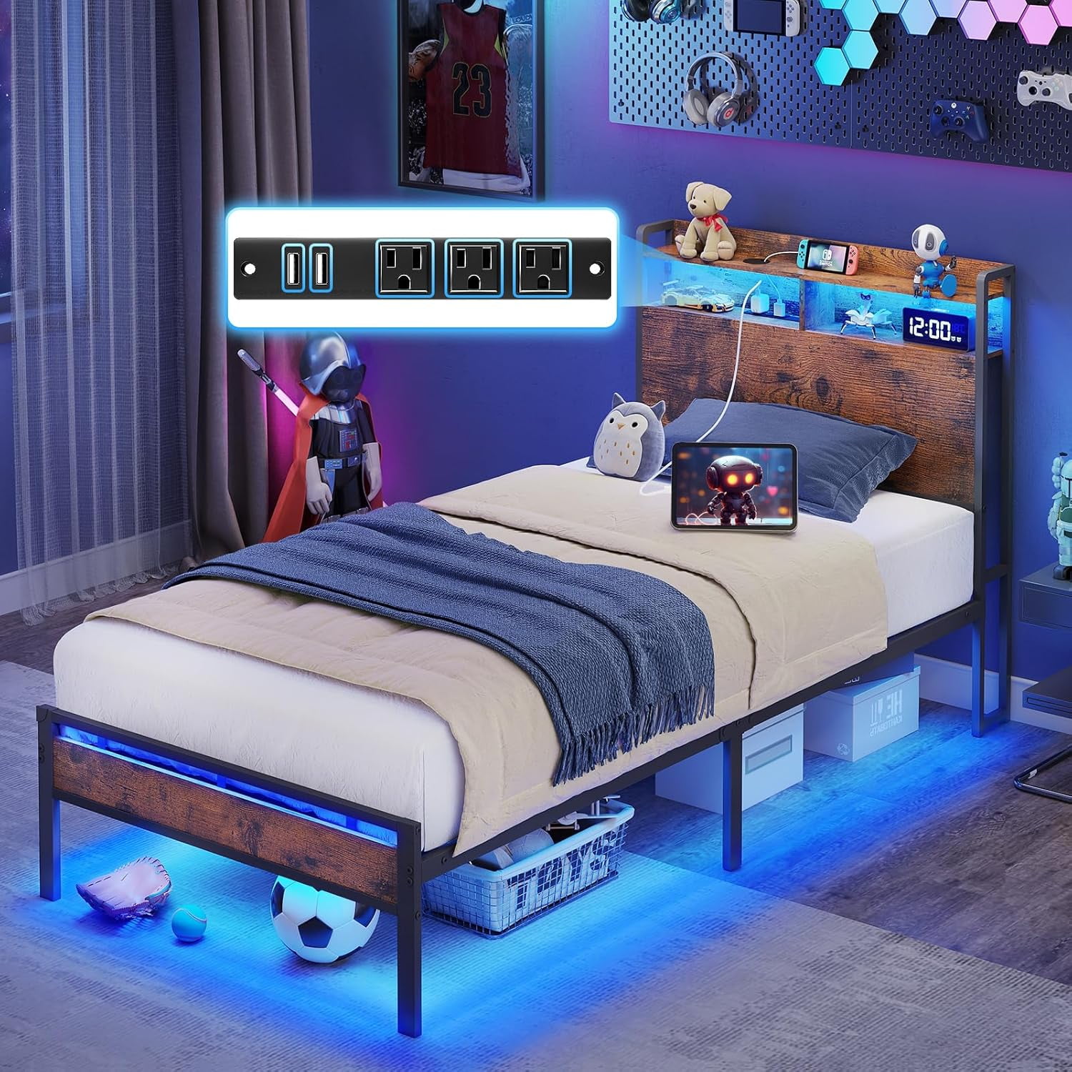 Walmart Deal of KKL Twin Bed Frames, Storage Headboard with Charging Station, RGB Light Strips, Solid and Stable, Noise Free, No Box Spring Needed, Easy Assembly, Rustic Brown