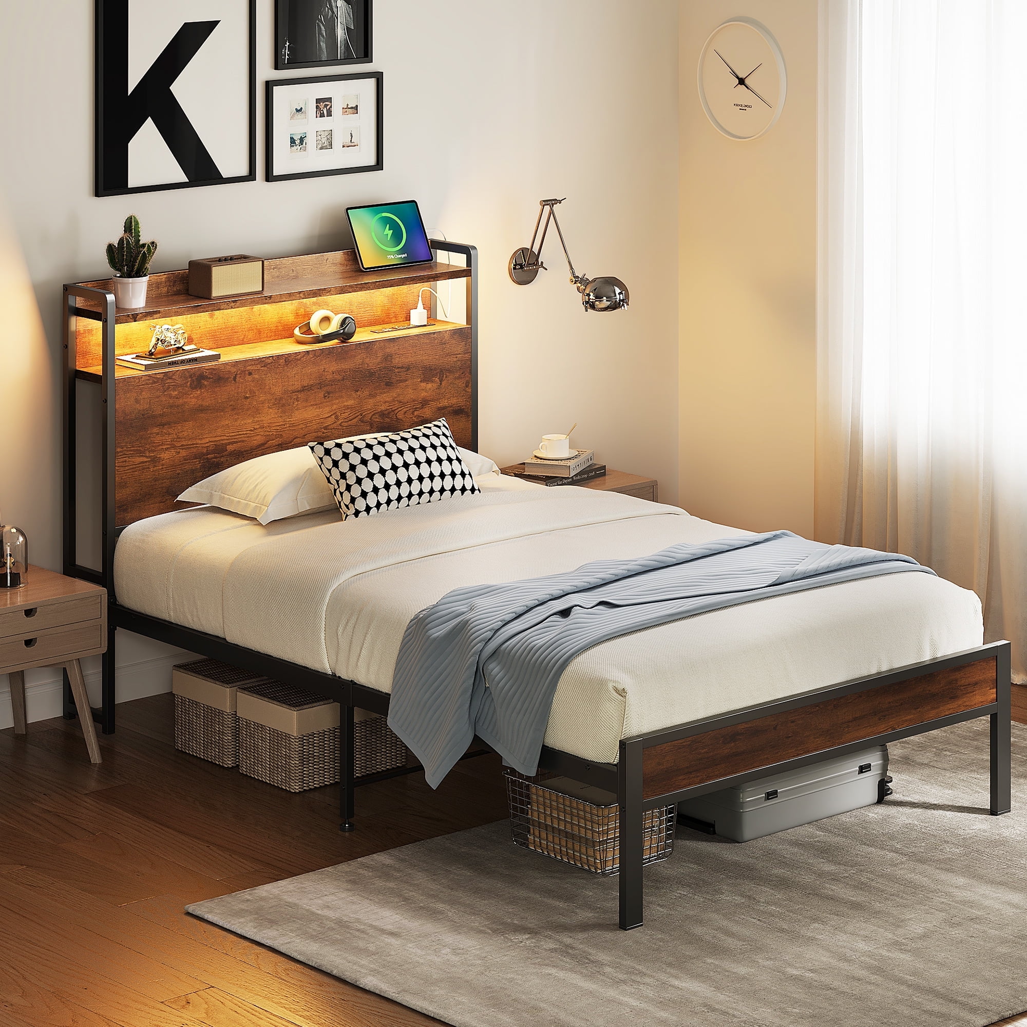 Casacomoda Twin Bed Frames, Storage Headboard with Charging Station, RGB Light Strips, Solid and Stable, Noise Free, No Box Spring Needed, Easy Assembly, Rustic Brown