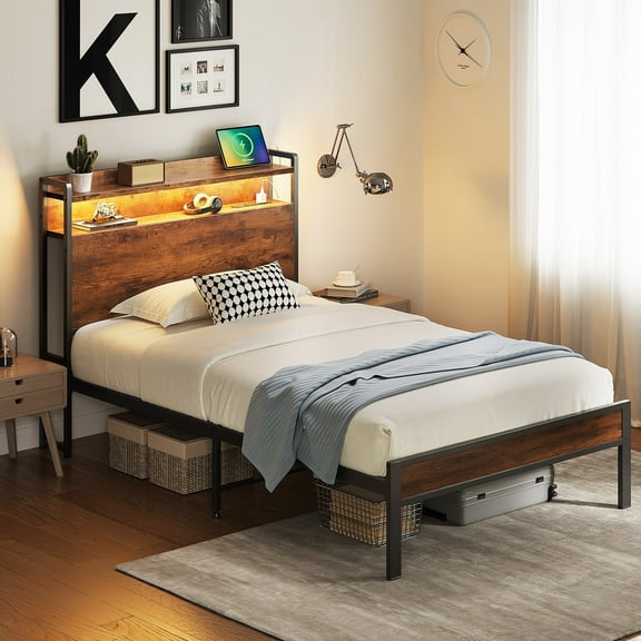Casacomoda Twin Bed Frames, Storage Headboard with Charging Station, RGB Light Strips, Solid and Stable, Noise Free, No Box Spring Needed, Easy Assembly, Rustic Brown