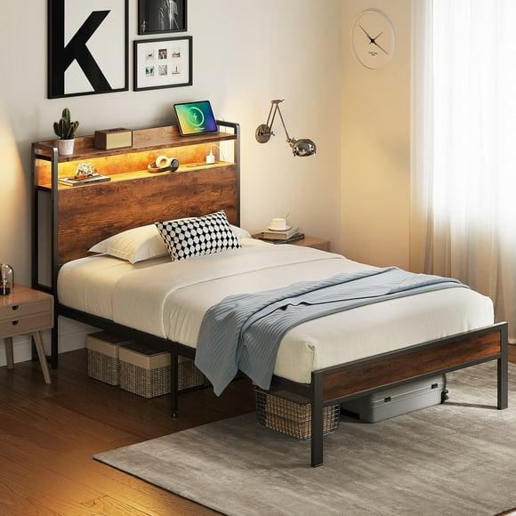 Casacomoda Twin Bed Frames, Storage Headboard with Charging Station, RGB Light Strips, Solid and Stable, Noise Free, No Box Spring Needed, Easy Assembly, Rustic Brown
