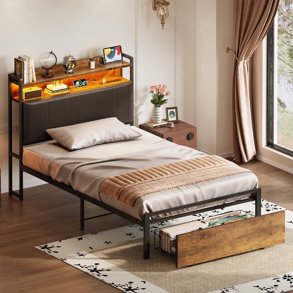 Bed Frame Twin Size with Storage Headboard and Drawer, Upholstered Platform Bed with Charging Station and LED Light, Heavy Duty Frame Support, No Box Spring Needed, Noise Free, Vintage