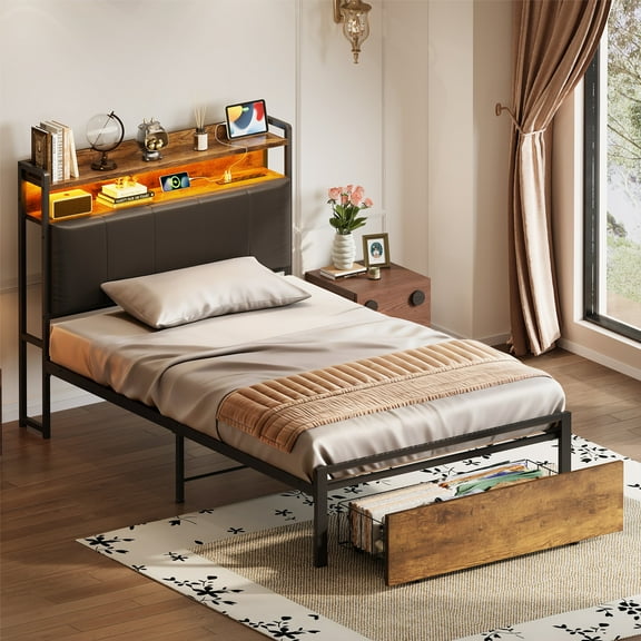 Bed Frame Twin Size with Storage Headboard and Drawer, Upholstered Platform Bed with Charging Station and LED Light, Heavy Duty Frame Support, No Box Spring Needed, Noise Free, Vintage