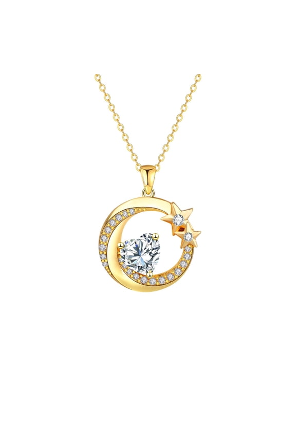 14k Gold Plated Heart CZ Crescent Moon Double Stars Pendant Necklace, Romantic Celestial Clavicle Jewelry for Women