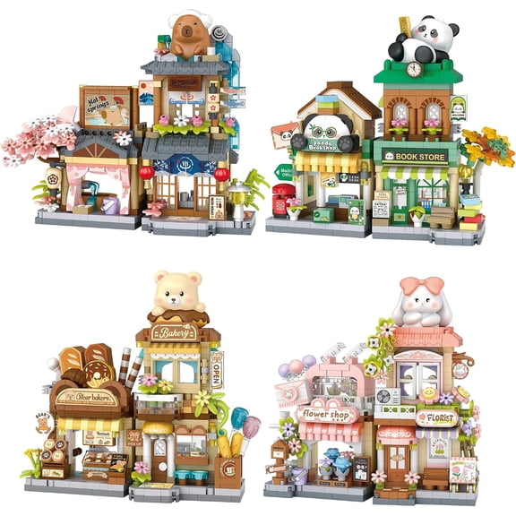 KKLDOGS 4 Set Mini Micro Building Blocks Toy Set | Miniature House City Street View Store, Home Decor, DIY Bricks Presents for Adults Kids