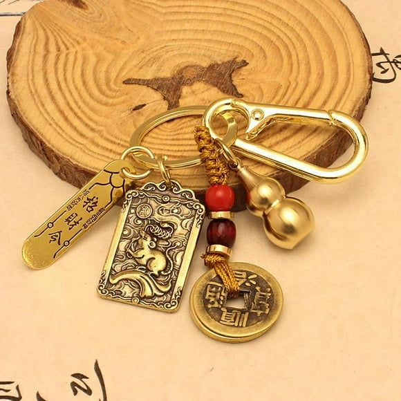 Chinese Feng Shui Keychain, Brass Wu Keychain, Amulet Good Luck Backpack Charms, with Feng Shui Coins for Wealth bow bag charm bracelet keychain