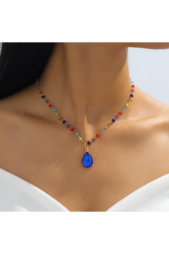 Colorful Crystal Beaded Blue Teardrop Pendant Dainty Necklace for Women