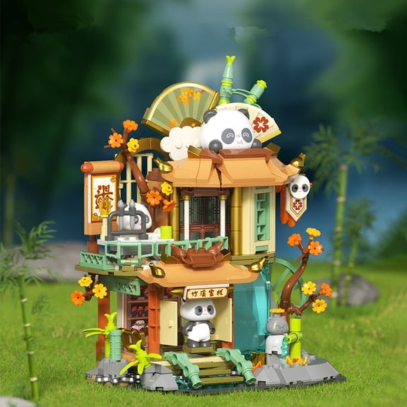 KKLDOGS Creative Brick Box Street View-Cute Panda Bamboo Creek Inn Chinese Traditional Architecture Interactive for Adults, Simulation Architecture Building Blocks for Birthday, Christmas