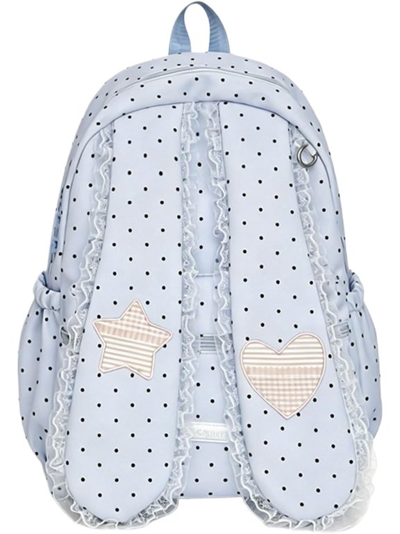 Cute Polka Dot Rabbit Ears Backpack with Lace Trim and Plush Charm—Adorable Unisex Knapsack for Daily Use & Travel