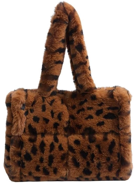 Faux Fur Leopard Print Tote Bag, Large Soft Fluffy Plush Shoulder Handbag, Oversized Top Handle Purse for Daily Commute, Shopping & Travel