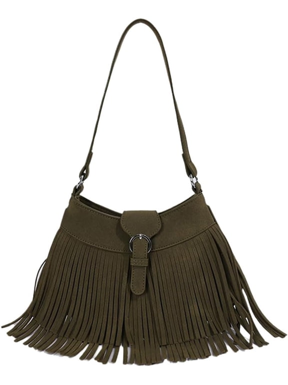 Faux Suede Fringe Shoulder Bag, Vintage Buckle Decor Hobo Purse, Adjustable‑Strap Crossbody Handbag with Inner Zipper Pocket for Travel, Festivals and Daily Casual Outfits