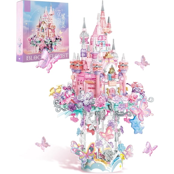 KKLDOGS Floral Pink Castle Buildable Model Kit, Dream Cloud Castle with Butterfly & Floral Details, Large Architecture Desktop Display Ornament for Hobby Collectors