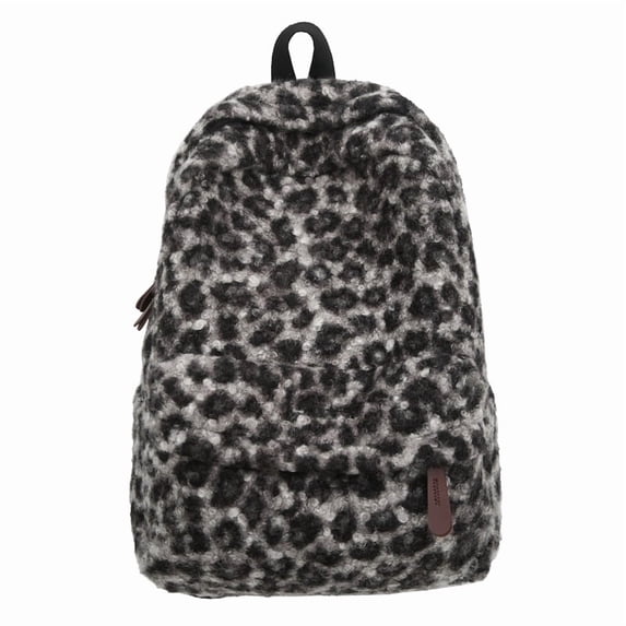 KKLDOGS Fuzzy Leopard Print Backpack Soft Plush Casual Daypack Large Capacity Lightweight Travel Commute Shoulder Bag
