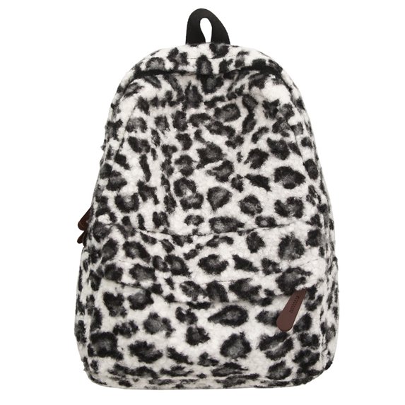 KKLDOGS Fuzzy Leopard Print Backpack Soft Plush Casual Daypack Large Capacity Lightweight Travel Commute Shoulder Bag
