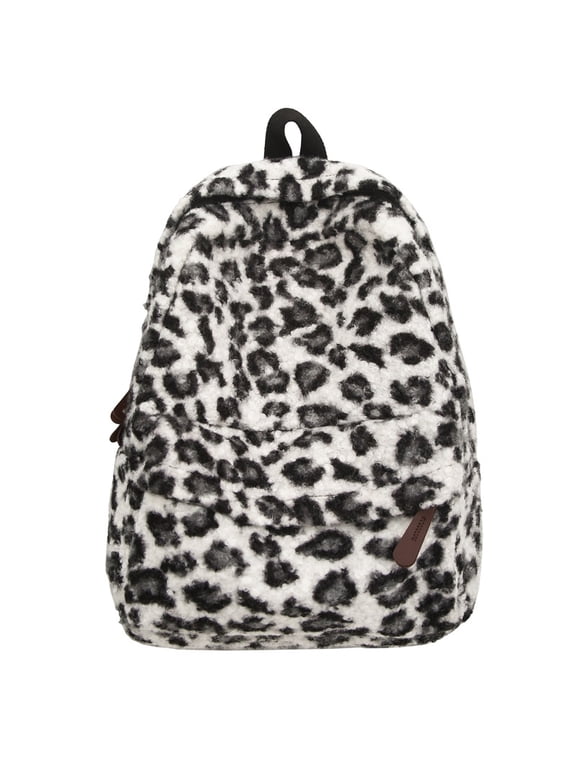 Fuzzy Leopard Print Backpack Soft Plush Casual Daypack Large Capacity Lightweight Travel Commute Shoulder Bag