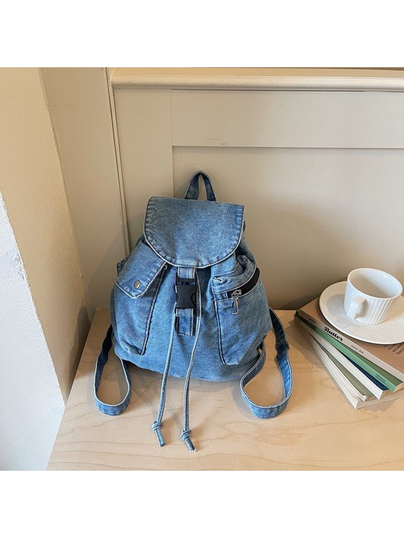 Mini Vintage Denim Drawstring Backpack, Casual Flap Rucksack with Buckle Closure, Multi Pockets Lightweight Daypack, Handheld & Double Shoulder Carry Bag for Daily Commute, Shopping