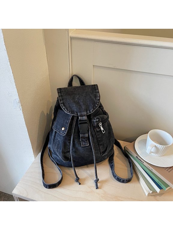 Mini Vintage Denim Drawstring Backpack, Casual Flap Rucksack with Buckle Closure, Multi Pockets Lightweight Daypack, Handheld & Double Shoulder Carry Bag for Daily Commute, Shopping