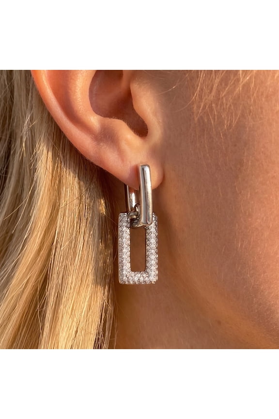 Polished Silver Plated Interlocking Huggie Hoop Earrings with Pave Full Clear Cubic Zirconia Dangle Earring for Women